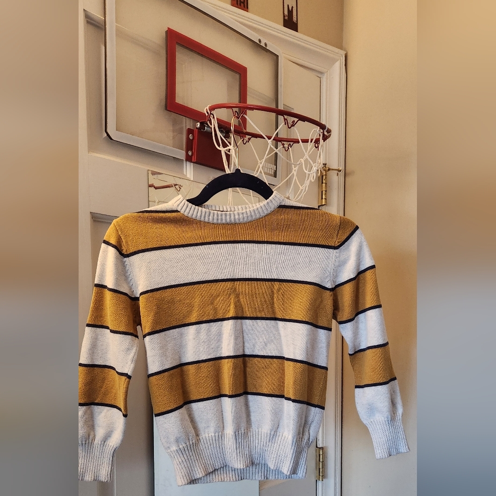 BOYS Cat & Jack Mustard and White Striped Sweater, size S.. or "siiiix, SEV-VEN"